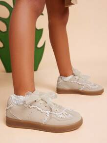 Mini mi Giày thể thao đế cao su màu be dễ thương có chi tiết ren Y2K cho trẻ em – Giày công chúa buộc dây ruy băng thanh lịch cho lễ hội âm nhạc đến sân chơi - Màu be - Xem 2