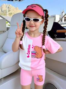 Young Girl Casual Fashion Creative Cartoon Cute Blue Bubble Tea Cup Graphic Colorblock Short Sleeve T-Shirt And Bike Shorts Set Beach Wear For Kids Beach Clothes For Kids Kid Beach Wear Kids Beach Clothes Capybara Clothes For Girls Girls Capybara Shirt Set Kids Capybara Clothes Capybara Shirt And Shorts Set Kids Beach Wear - Multicolor - View 4