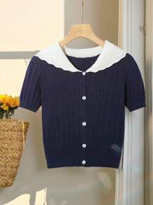 SHEIN Unity 海军领通勤学院风轻盈收腰短袖针织开衫，修身 - 藏蓝色 - 查看 1