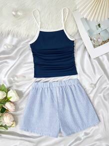 SHEIN 青少年女孩休闲褶饰撞色吊带背心和条纹短裤两件套睡衣套装，夏季 - 藍色 - 查看 2