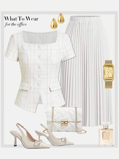 Ellevyn Women's Square Neck Short Sleeve Tweed Cardigan With Faux Pearl Buttons, Elegant Daily And Commuting, Spring/Summer Office Outfits For Women