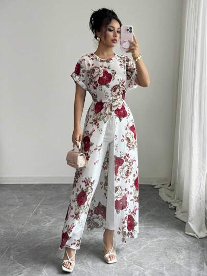 Breezaya Elegant Floral Print High Slit Long Shirt, Summer