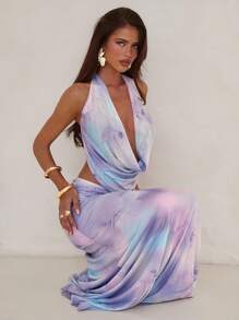 Aloruh Women's Elegant Sexy Beach Vacation Backless Suit Country Music Festival Concert Halter Neck Top + Long Skirt 2pcs/Set Women Purple Printed Outfit,Can Be Worn With A Bikini - Multicolor - View 2