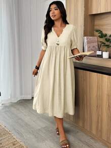 Weeklong Plus Size Solid Color Notched Neck Casual Short Sleeve Summer Dress - Apricot - View 3