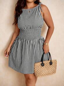 Elaquor Plus Size Summer Casual Gingham Waist Strap Midi Dress,Business Casual Woman - Black and White - View 1