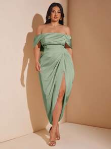 SHEIN BAE Plus Size Women Elegant Draping Mid-Length Dress, Suitable For Weddings, Bridesmaid, Cocktail And Formal Occasions - Mint Green - View 5