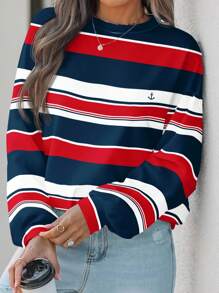 EMERY ROSE Hanorac de damă cu mânecă lungă, lejer, cu stil vacanță, pentru Ziua Mamei, cu imprimeu minimalist, color block, roșu, albastru, alb, cu dungi, guler rotund
