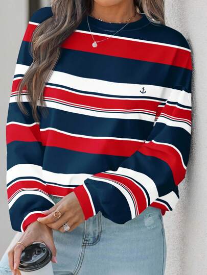 EMERY ROSE Vacation Vibes Mothers Day Casual Minimalist Colorblock Red Blue White Striped Crew Neck Long Sleeve Loose Plus Size Sweatshirt For Women Autumn And Winter Fall