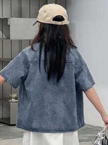 Dazy Kids Tween GirlsTurndown Collar Animal Embroidery Short Sleeve Denim Top