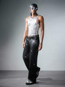 ROMWE MEN Street Life Men's Fashionable Washed Distressed Rhinestone Straight-Leg Jeans