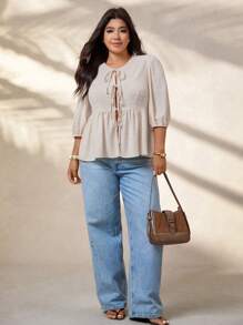 EMERY ROSE Plus Size Textured Fabric Tied Casual Elegant Blouse