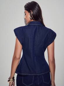 Denimoi Collared Button Front Denim Vest Top, Cinched Waist Denim Top, Denim On Denim, Office Style, Sophisticated Top, Cinched Waist Top, Office Tops, Fashionable, Brunch Tops, Brunch Outfits - Dark Wash - View 2