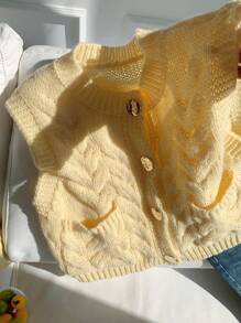 Comfortcana Cream Butter Yellow Ladies New Sleeveless Twisted Metal Button Sweater Vest Suitable For Spring, Summer, Autumn And Winter Vacation - Apricot - View 5