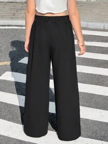 SHEIN 青少年女孩休闲时尚百搭口袋半松紧腰紧身直筒黑色裤子，返校季 - 黑色 - 查看 2