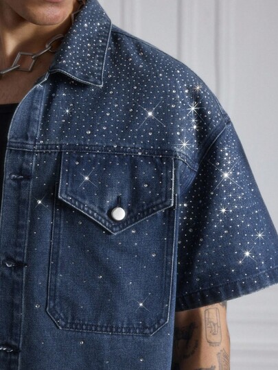 ROMWE Avant Men's Casual Fashionable Rhinestone Denim Short Sleeve Top