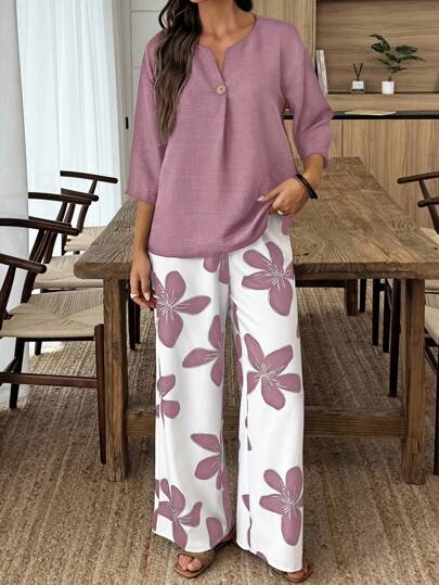 Louniche Holiday Casual Boho Solid Color Shirt Floral Print Pants Set Brides Maid Vacation Dusty Blue Summer