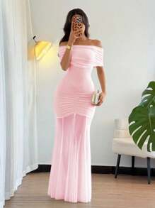 Chiquease Women Off Shoulder Mesh Patchwork Mature Charm Fitted Dress, Spring/Summer - Pink - View 4