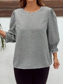 SHEIN Clasi 大码女式复古格子灯笼袖休闲优雅衬衫 - 黑與白 - 查看 5