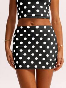 SHEIN BAE 女款黑白波点低腰裙低腰裤裙优雅大方适合夏装女办公室装商务休闲女工作服法国南部度假意大利度假海岛度假蜜月女