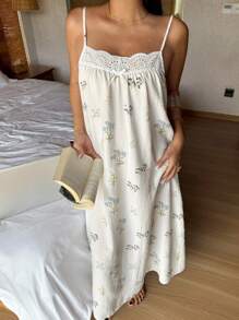 DAZY Floral Pattern Allover Print Ruffle Hem Women's Slip Nightgown Pajama - Beige - View 1