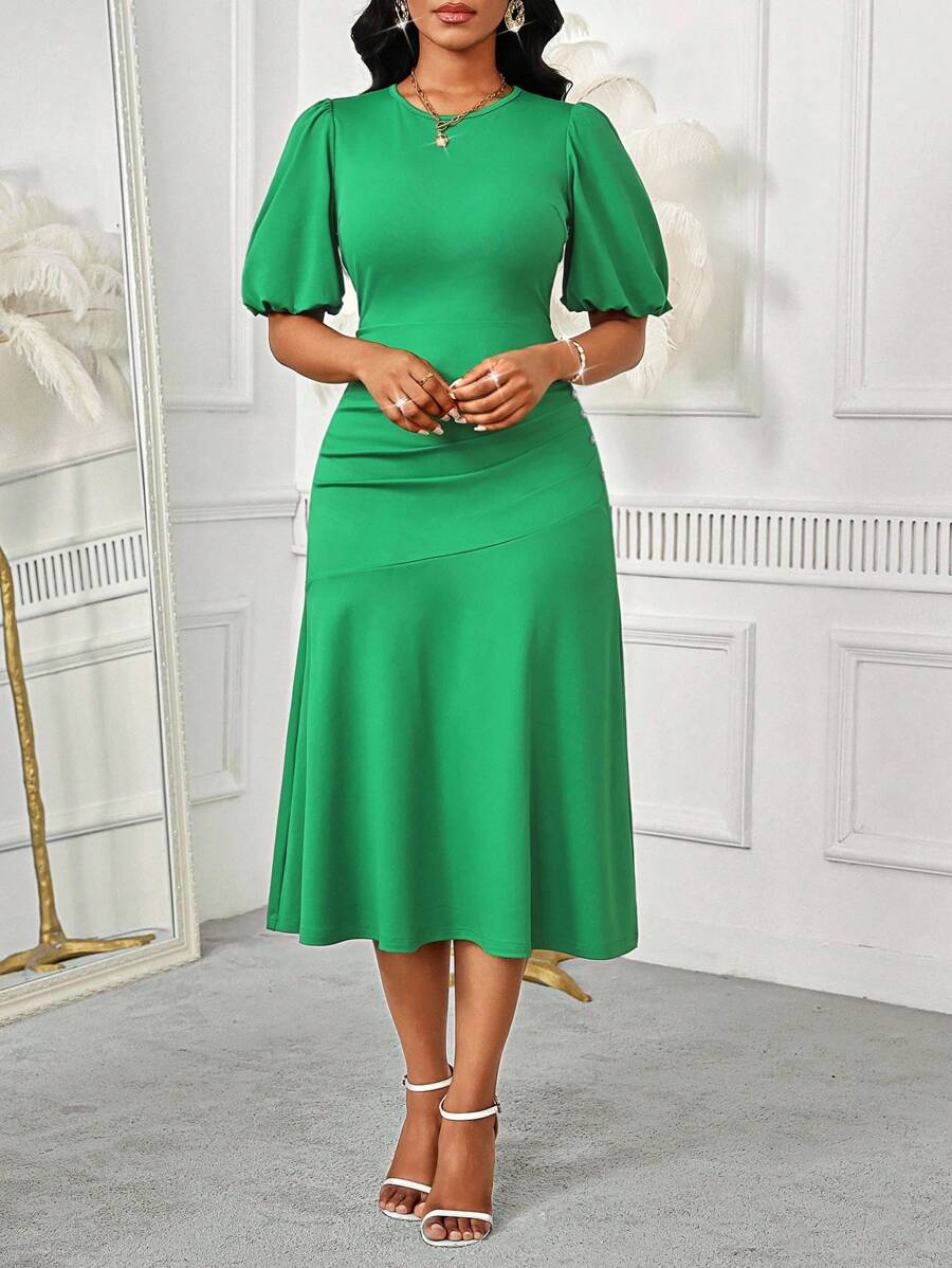 SHEIN Lady Spring, Summer, Autumn And Winter Elegant Emerald Green Knitted Round Neck Ruffled Puff Sleeves Long Dress Teachers' Day Office Church - Green - View 1