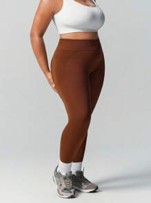 SHEIN Sports Plus Size Women Solid High Waist Skinny Seamless Slimming Sports Leggings - Mocha Brown - View 5