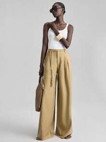 Ontre Pantalones de traje de lino de unicolor, de cintura alta, holgados y casuales, de moda para el verano en otoño/invierno - Caqui - Ver 1
