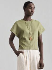 Ontre 2025 Herbst Neuankömmling Rundhals-Top, Urlaubsstil salbeigrüne Rundhals-Bluse mit Puffärmeln und geraffter Taille aus Leinen, vielseitig für Sommer/Herbst Alltag, Pendeln, Business Lässig, Büro, Schule für Frauen