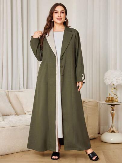 Al Najma Women's Plus Size Contrastive Patchwork Blazer Collar Loose Arabic Style Long Cardigan, Modest Robe, Abaya