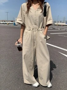 DAZY 女式夏季 V 领短袖抽绳腰连体裤，休闲都市男女通用牛仔连体裤 - 薑色 - 查看 3