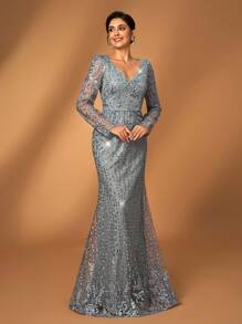 Serin Váy dạ hội đuôi cá ren sequin cổ chữ V sang trọng thanh lịch, phù hợp cho đám cưới, tiệc tùng, vũ hội, dạ hội, phù dâu hoặc mẹ cô dâu - Xám - Xem 5