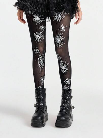 Grunge Punk 1 par de medias transparentes con diseño de telaraña y araña, estilo minimalista adecuado para Halloween, elástico y transpirable, pantimedias con tirantes