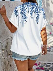 SHEIN LUNE 女式大码休闲 3D 印花纽扣衬衫 - 短袖夏季上衣，带有蓝色植物叶设计，宽松版型，可机洗，适合度假、沙滩或休闲服装、海滩度假服装 - 彩色 - 查看 2