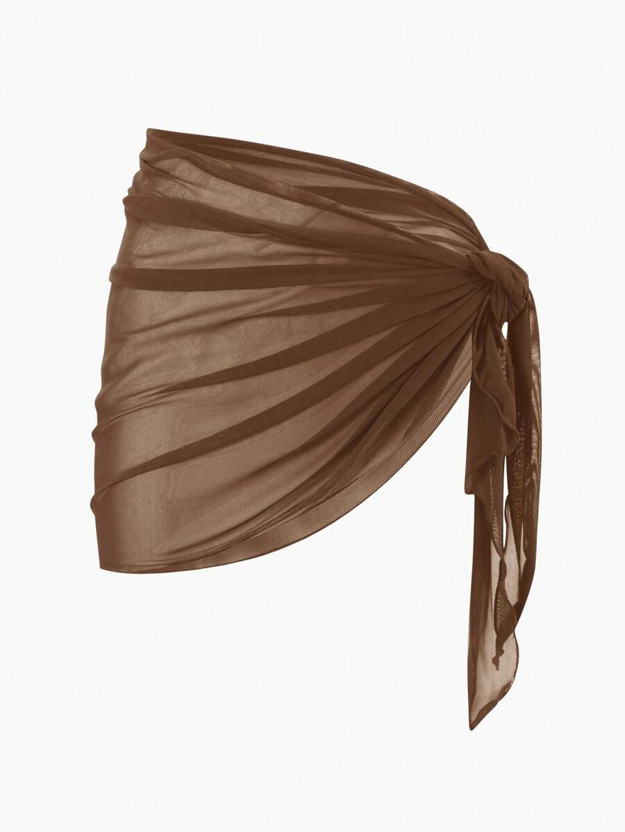 Swim Basics 纯色网眼罩裙，度假海滩 - 棕色 - 查看 1