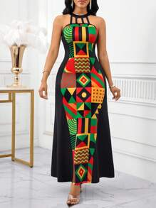 SHEIN Lady Đầm Maxi Cổ Chữ V In Hình Chắp Vá Geo Cho Nữ, Dáng Ôm, Eo Thon Gọn, Viền Phồng - Nhiều màu - Xem 6