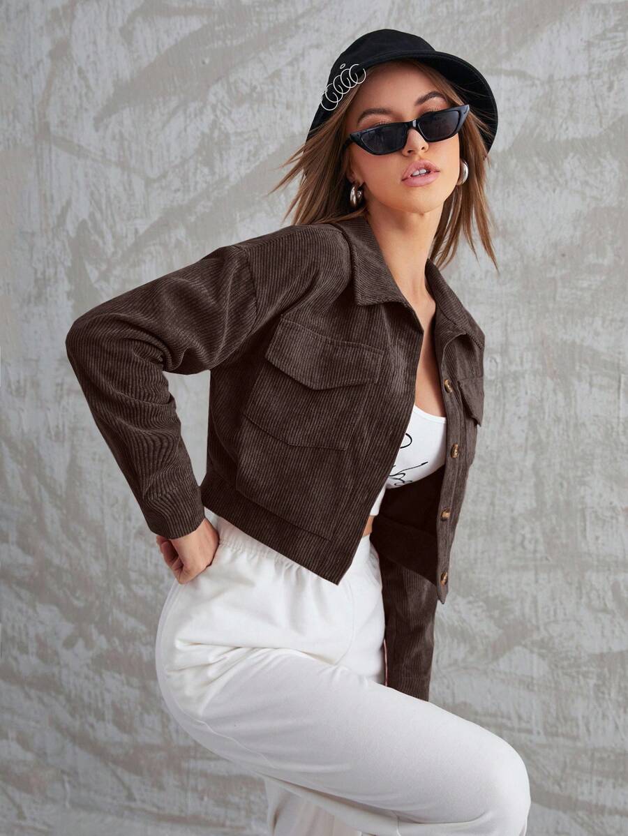 Mulvari 女式纯色落肩长袖单排扣工装口袋休闲夹克 - 咖啡棕 - 查看 1