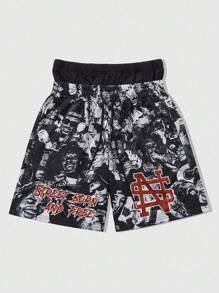 ROMWE MEN Street Life Pantalones cortos deportivos para hombre con estampado de nombres de ciudades urbanas y ramas de árbol sin hojas, de marca, aptos para uso diario, primavera y verano - Negro - Ver 1