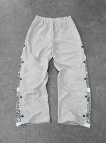 Manfinity EMRG Men's Young Fashion, Casual Sporty Sweatpants, High Slit Design, Classic Cashew Flower Pattern Design, Elastic Waist With High Tolerance, Detachable Side Slits For Multi-Functionality, Suitable For Street Style, Casual Sports, Fashion Matching, Outdoor Activities, Daily Commute, Campus, Holiday Gift Men Graphic Pants Streetwear Sweatpants Graphic Sweat Pants Paisley Print Pants Snap Button Pants - Light Grey - View 3