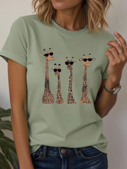 INAWLY Giraffe Print Short Sleeve T-Shirt With Eyelashes For Casual Outfits For Clothes Graphic Cheetah Print Tees Women Tops For Summer And Spring