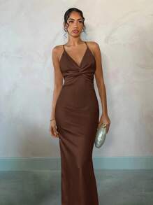 SHEIN BAE Elegantes apricotfarbenes, glattes Satin-Maxikleid mit offenem Rücken und Schleife, ideal für den Sommer, den Strand-Urlaub, tägliche Dating, Nachtausgänge, Nachtclubs, Partys, Galas, Cocktail-Partys, Pool-Partys, Urlaubskleider