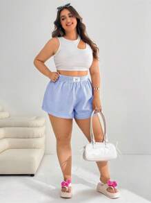 SHEIN EZwear 大码女式蓝白条纹休闲系带短裤，夏季 - 藍白色 - 查看 5