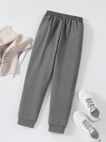 SHEIN Explorewe Tween Boys' Solid Color Waist Tie Basic Casual Thermal Lined Joggers Chic Outfits For Autumn/Winter - Dark Grey - View 2