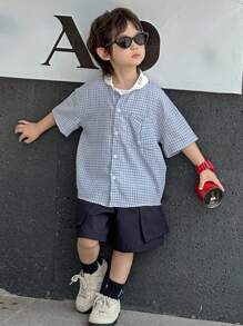 DAZY 小男孩格紋對比滾邊短袖襯衫 + 純色短褲 2件套，夏季 - 藍色 - 查看 3