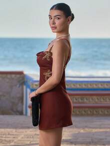 Andrea Bello Women's Sexy Sequin Starfish Decor Backless Spaghetti Strap Mini Dress For Holiday, Resort Dress, Party Dresses For Women Women Mini Dresses, Dresses For Women Elegant Women Mini Dresses - Brown - View 6
