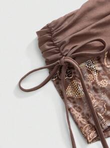 ROMWE J-Fashion Quần short đi biển siêu ngắn có dây rút cạp thấp họa tiết hoa dâm bụt và da báo Y2K ngày lễ gợi cảm dành cho nữ - màu nâu - Xem 3