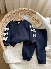 Ensemble bébé fille pull à capuche à manches longues avec nœud papillon bleu marine et pantalon à taille élastique, automne/hiver
