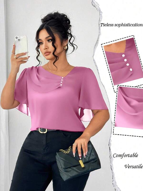 Elenzga Blusa elegante de manga corta con botones, cuello volado y corte asimétrico en tallas grandes