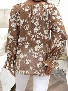 INAWLY Áo sơ mi thắt eo họa tiết jacquard cài nút phía trước thường ngày cỡ lớn dành cho nữ - màu nâu - Xem 2