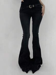 DAZY 女式时尚街头风斜插口袋修身喇叭牛仔裤低腰牛仔裤 - 黑色 - 查看 5