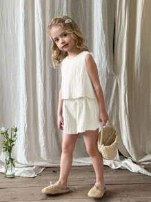 SHEIN LMoss Kids LMoss 2件套女童纯色圆领无袖上衣和短裤套装，白色连衣裙，夏季连衣裙，荷叶边连衣裙，露背连衣裙，亚麻连衣裙，荷叶边连衣裙 - 白色 - 查看 7
